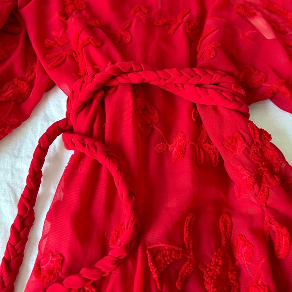 Anthropologie Mare Mare Textured Red Floral Embroidered Dress with Belt - Picture 6 of 7